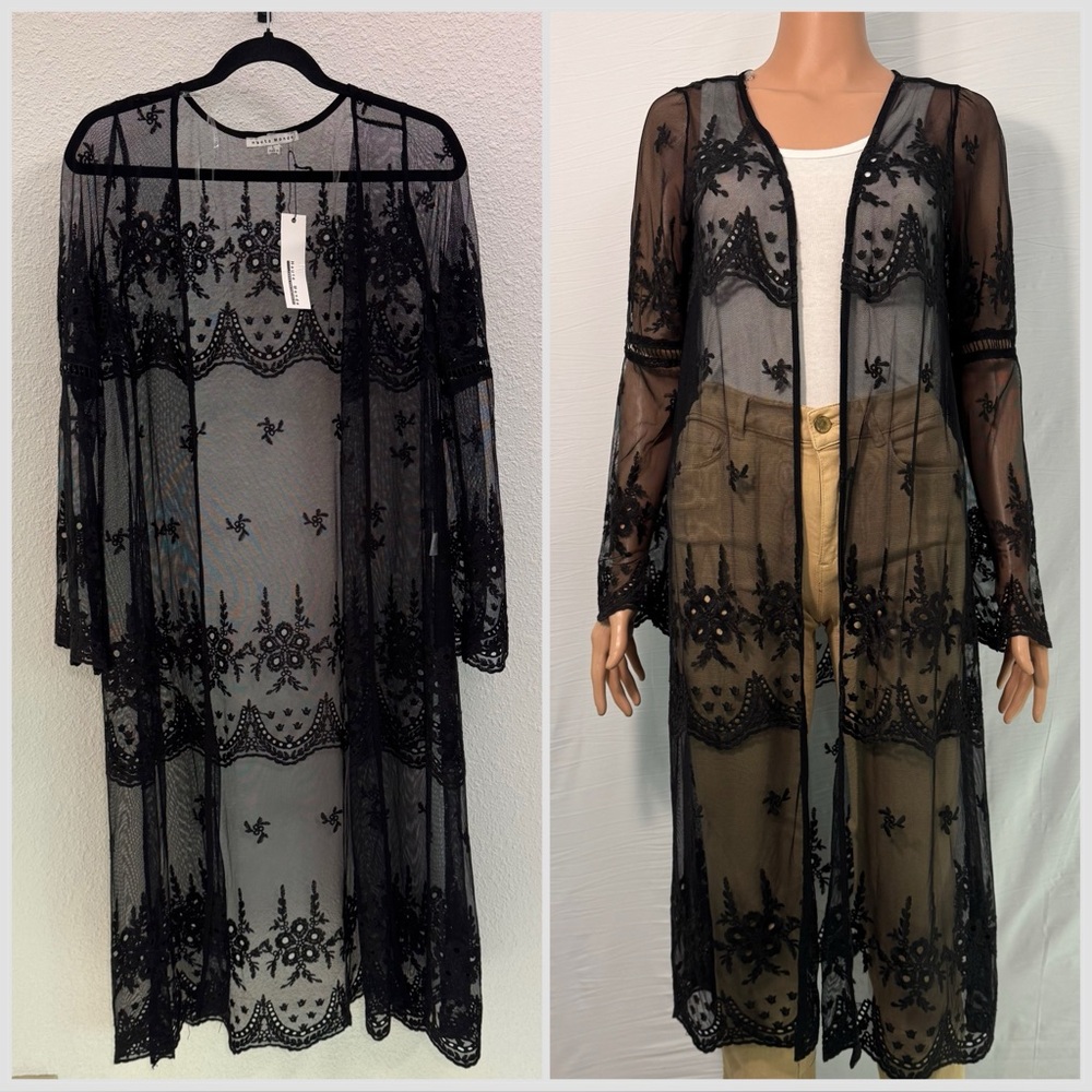 NWT Haute Monde Cotton Blend Black Sheer Embroidered Kimono Cardigan